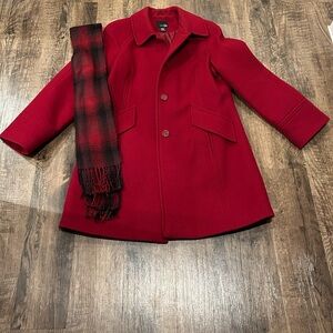 East 5th Red Pea Coat with Plaid Scarf